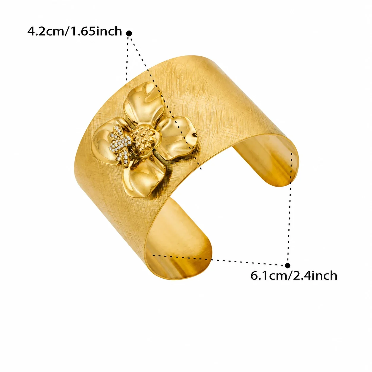 Radiant Brushed 18K Gold-Plated Flower Wide Cuff Bangle - Gold Bee CZ Flower