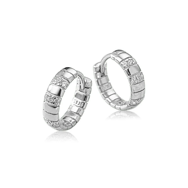 Sculptural 925 Sterling Silver Ribbed Pavé Hoop Earrings