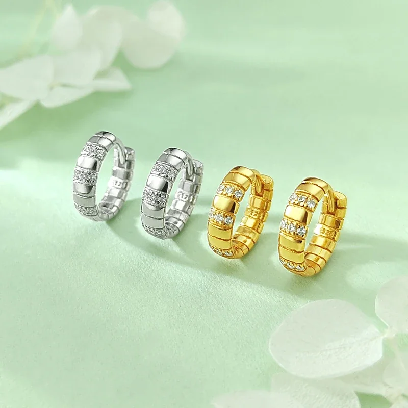 Sculptural 925 Sterling Silver Ribbed Pavé Hoop Earrings