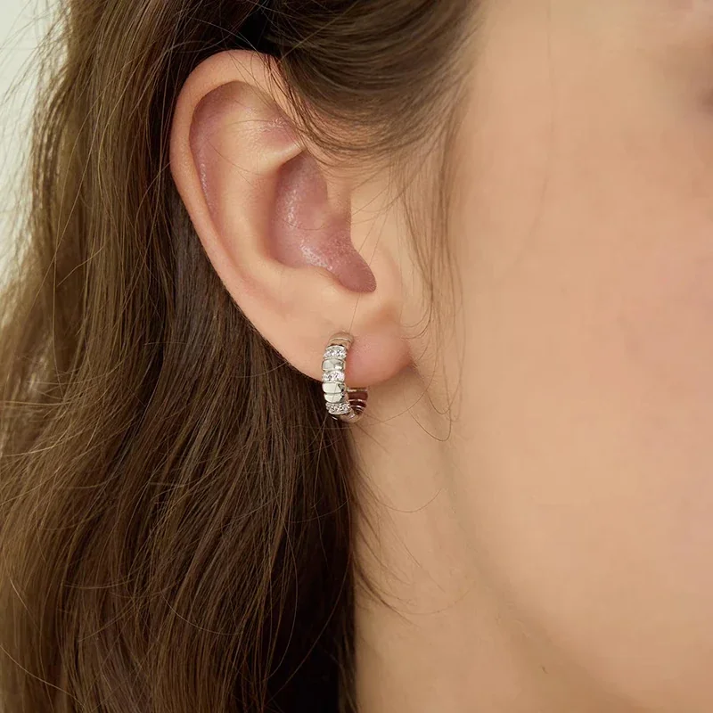 Sculptural 925 Sterling Silver Ribbed Pavé Hoop Earrings
