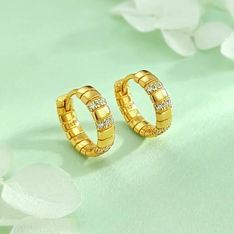 Sculptural 925 Sterling Silver Ribbed Pavé Hoop Earrings