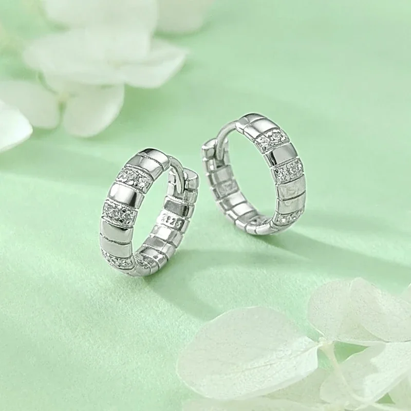 Sculptural 925 Sterling Silver Ribbed Pavé Hoop Earrings
