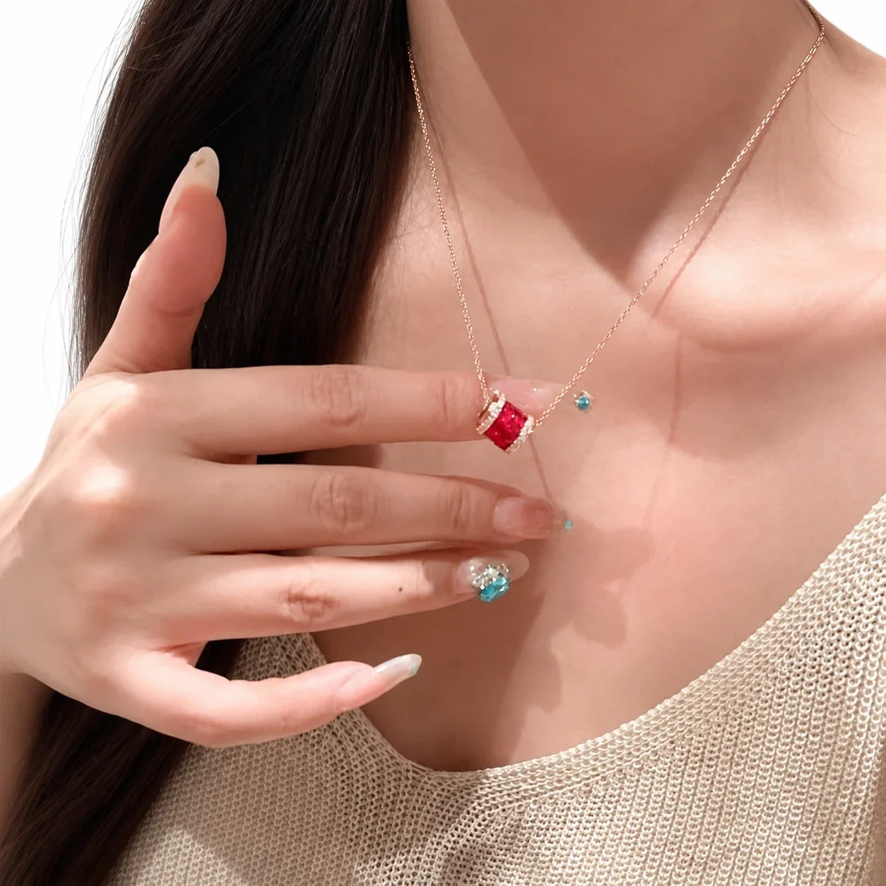 Luminous Rose Gold-Tone Red Crystal Pavé Bar Copper Necklace