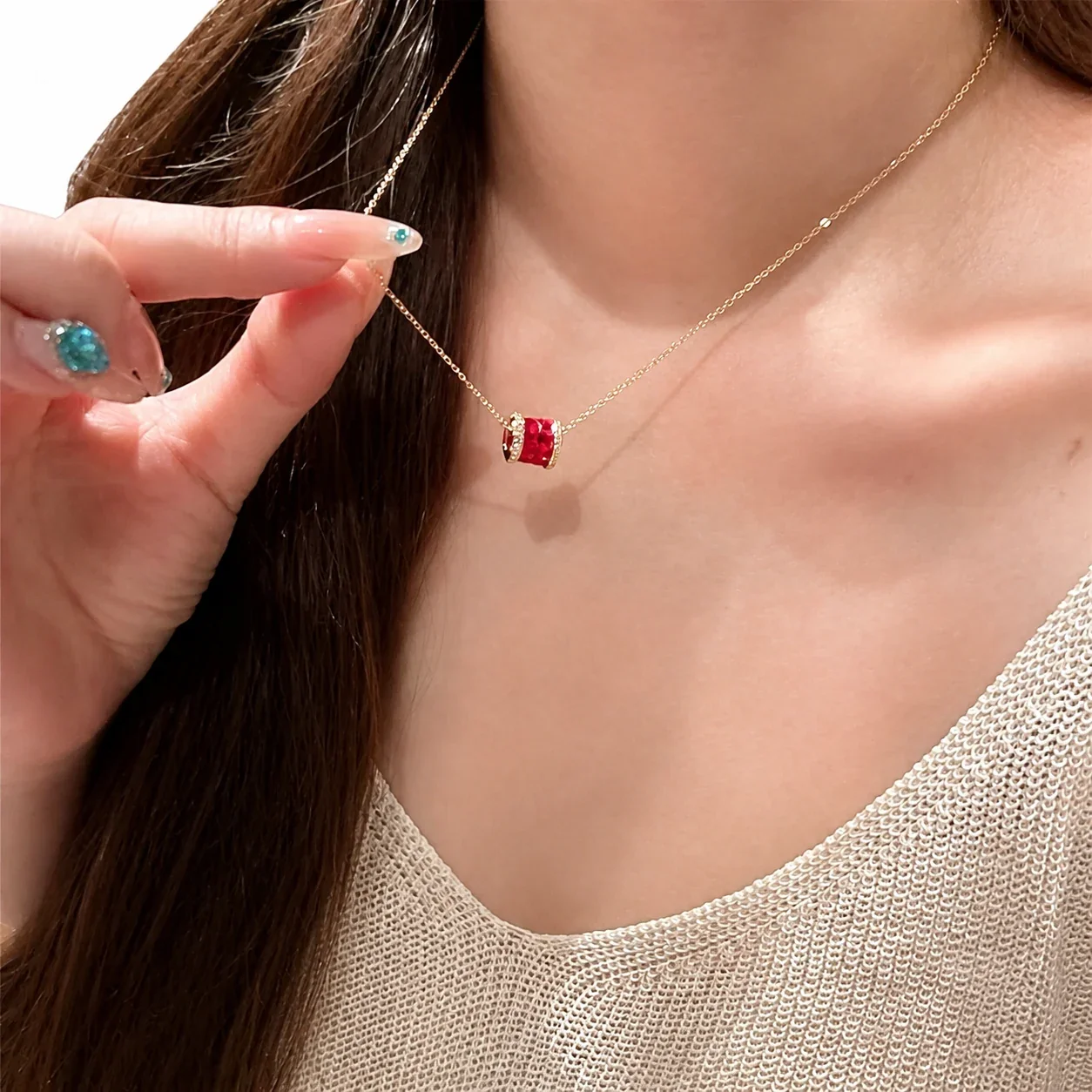 Luminous Rose Gold-Tone Red Crystal Pavé Bar Copper Necklace