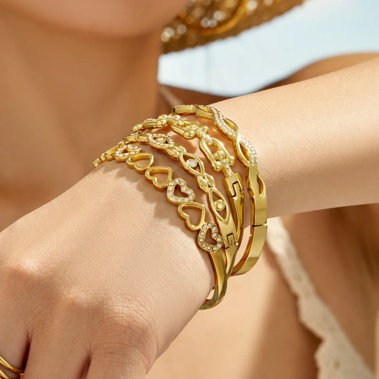 Luminous Open Heart Gold-Plated Cubic Zirconia Bangle