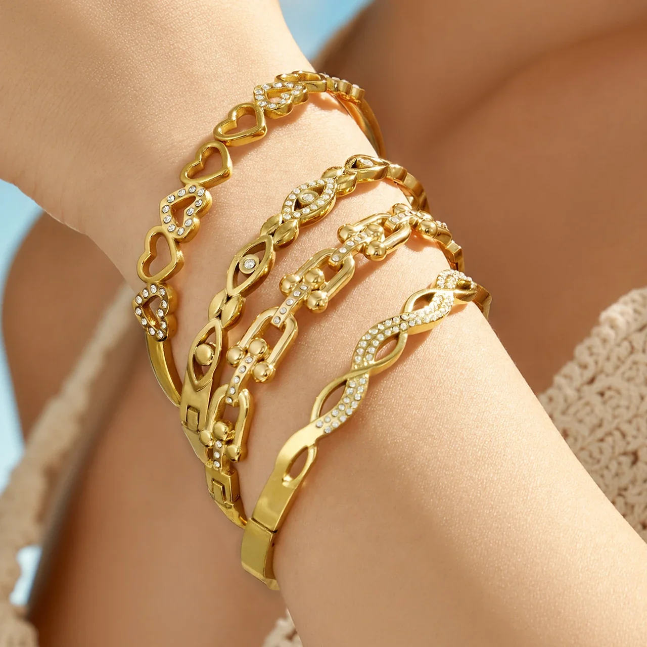 Luminous Open Heart Gold-Plated Cubic Zirconia Bangle