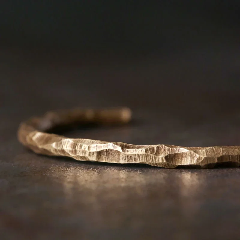 Sculptural Copper Hammered Faceted Open-Cuff Bangle