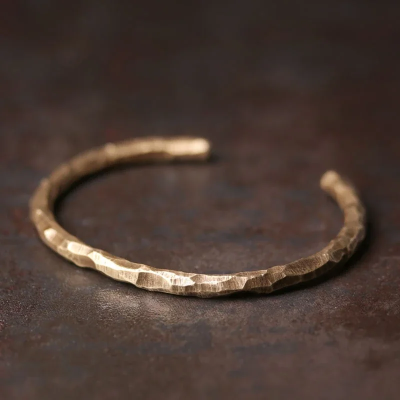Sculptural Copper Hammered Faceted Open-Cuff Bangle - Gold