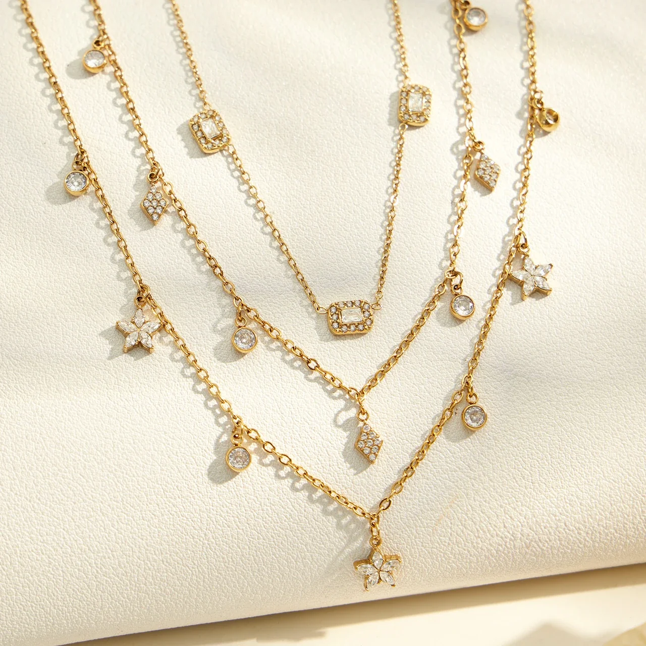 Layered Gold-Plated CZ Charm Stainless Steel Set