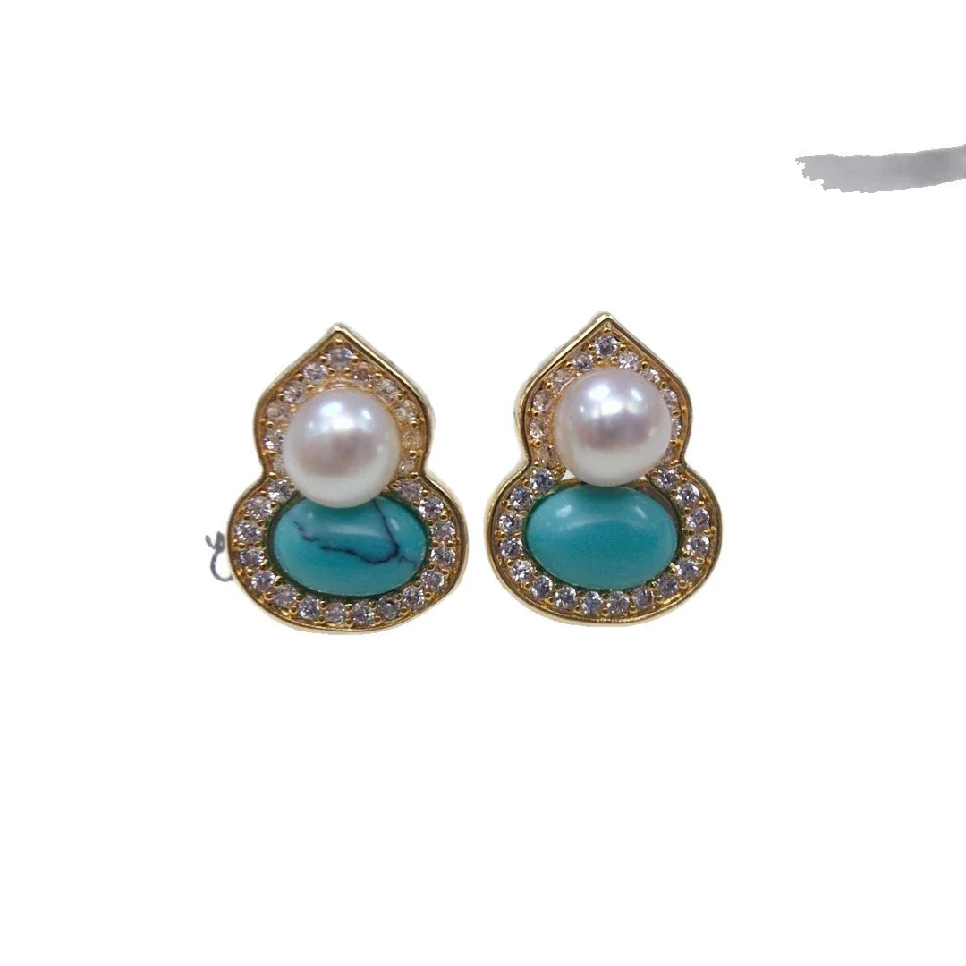 Ornate Gold-Plated Gourd Freshwater Pearl Stud Earrings