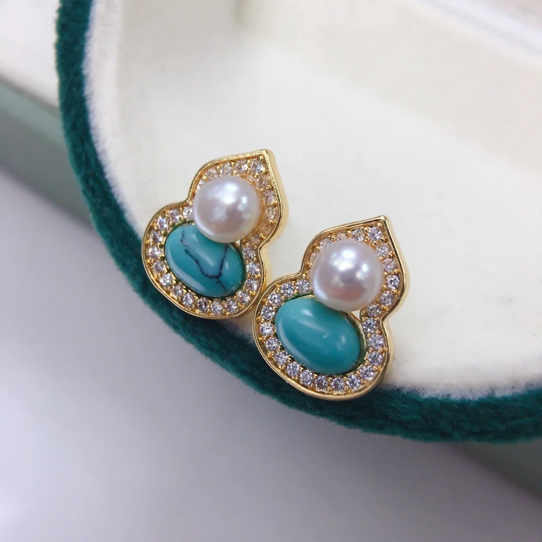 Ornate Gold-Plated Gourd Freshwater Pearl Stud Earrings
