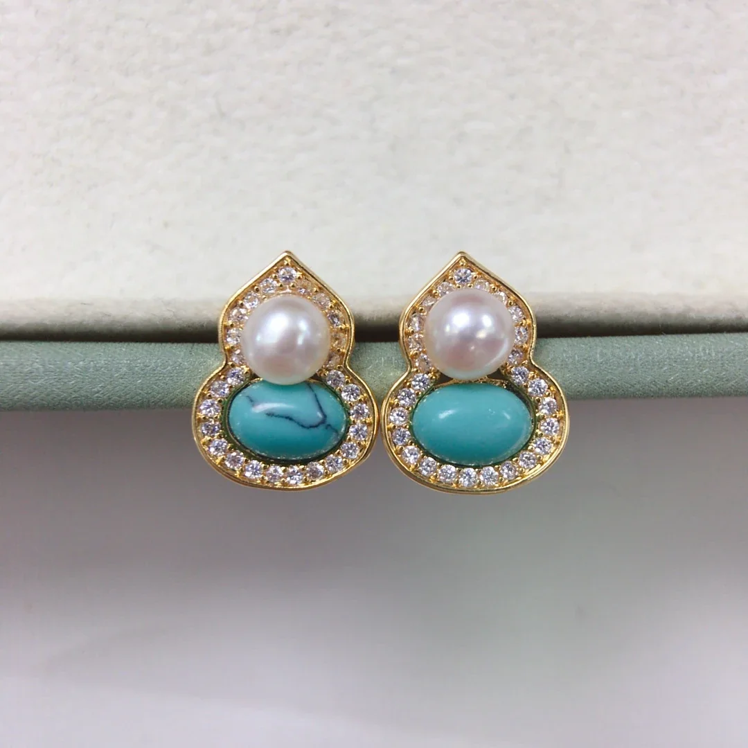 Ornate Gold-Plated Gourd Freshwater Pearl Stud Earrings