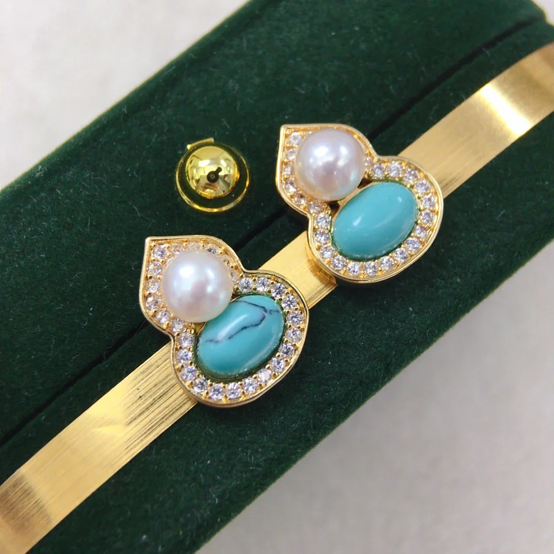 Ornate Gold-Plated Gourd Freshwater Pearl Stud Earrings