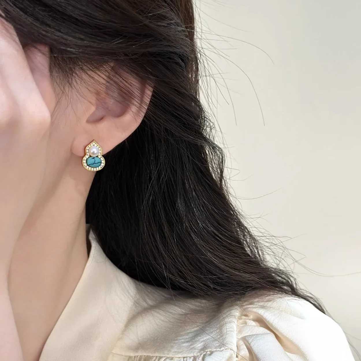 Ornate Gold-Plated Gourd Freshwater Pearl Stud Earrings