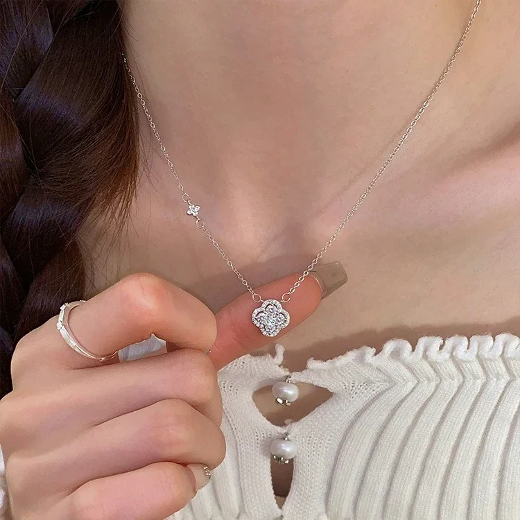 Luminous 925 Sterling Silver Pavé Clover Pendant Necklace