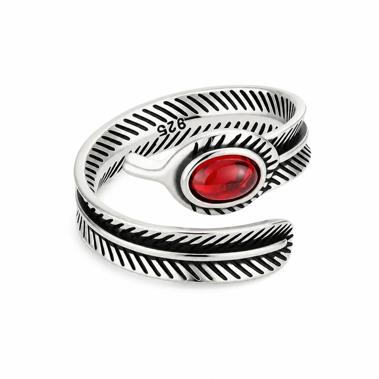 Oxidized Silver-Plated Feather Wrap Red Oval Ring