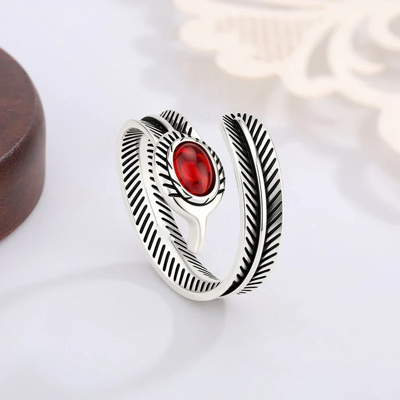 Oxidized Silver-Plated Feather Wrap Red Oval Ring