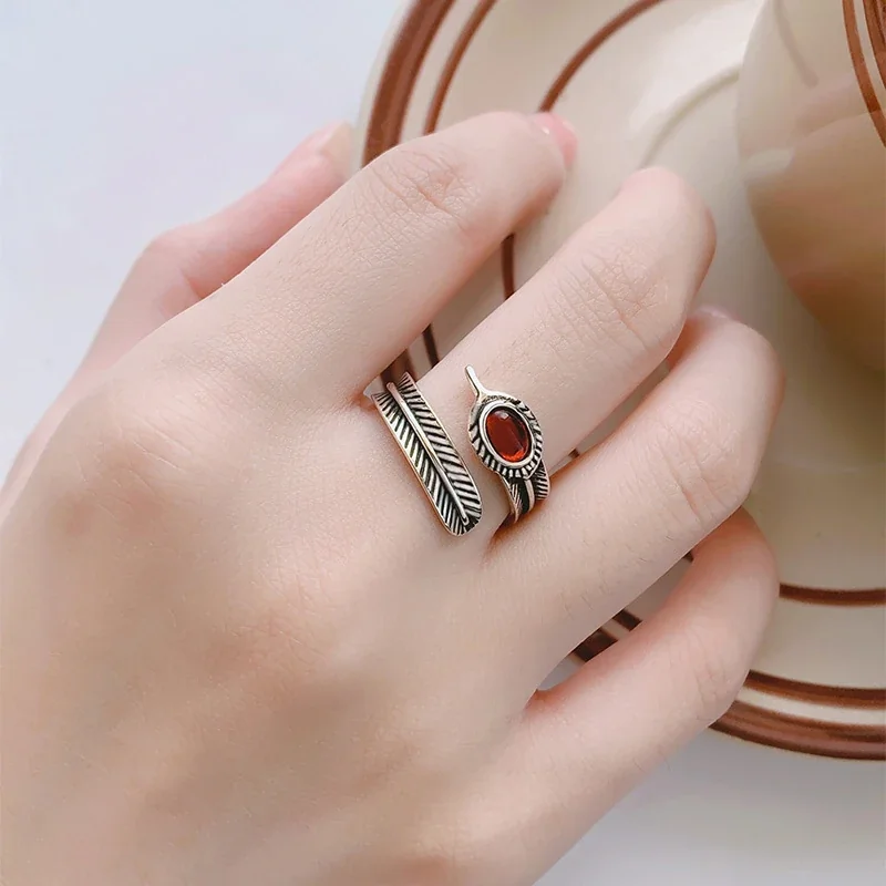 Oxidized Silver-Plated Feather Wrap Red Oval Ring