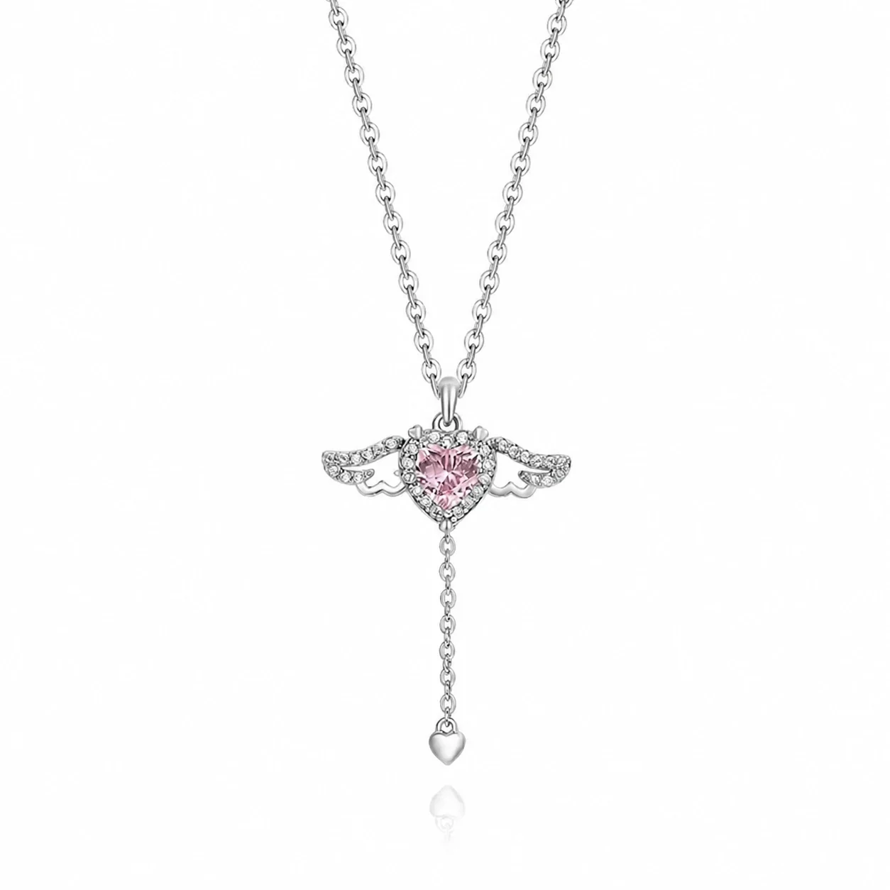 Angelic Polished 925 Sterling Silver Winged Heart Drop Necklace
