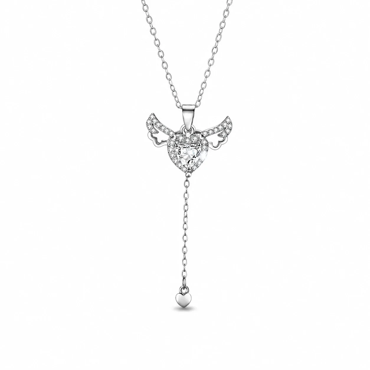 Angelic Polished 925 Sterling Silver Winged Heart Drop Necklace