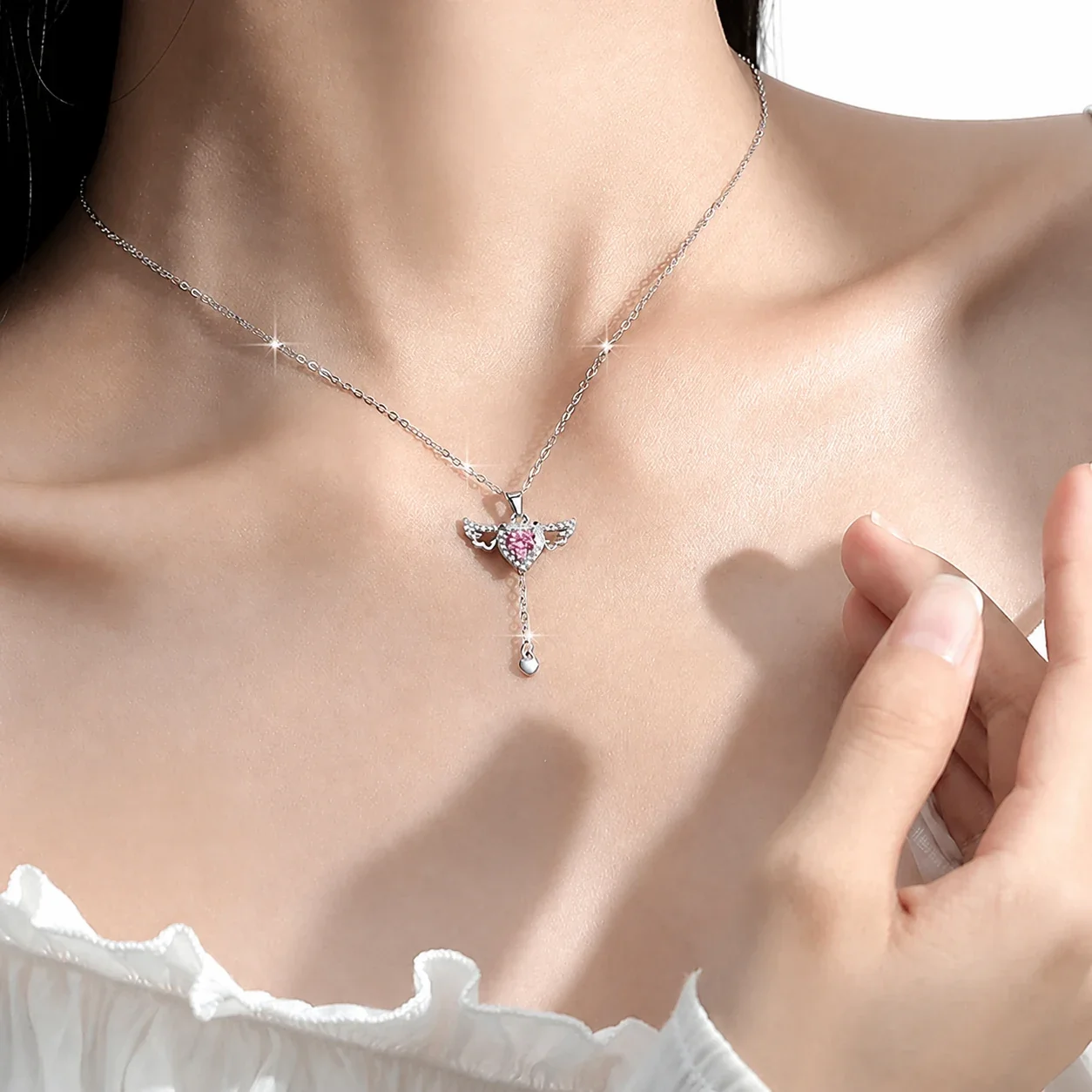 Angelic Polished 925 Sterling Silver Winged Heart Drop Necklace