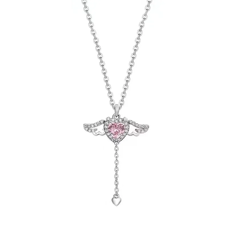 Angelic Polished 925 Sterling Silver Winged Heart Drop Necklace - Polished Silver Pink Crystal