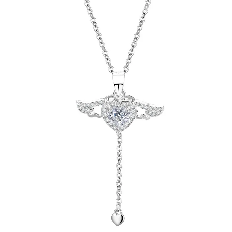 Angelic Polished 925 Sterling Silver Winged Heart Drop Necklace - Polished Silver Clear Crystal