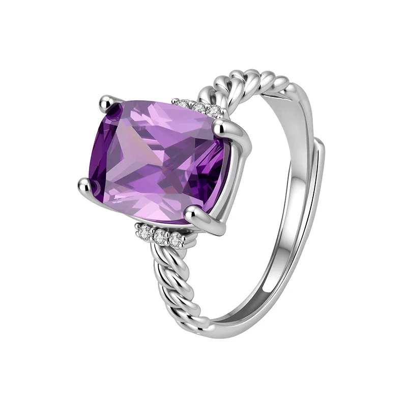 Radiant Silver-Plated Purple Cushion Twisted Band Ring