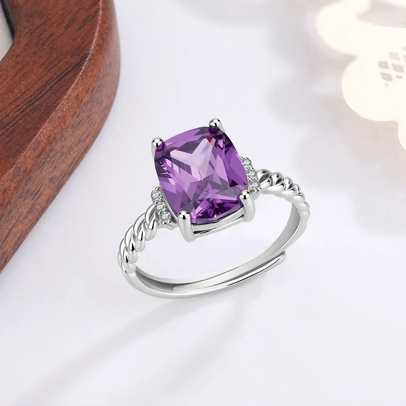 Radiant Silver-Plated Purple Cushion Twisted Band Ring - Silver
