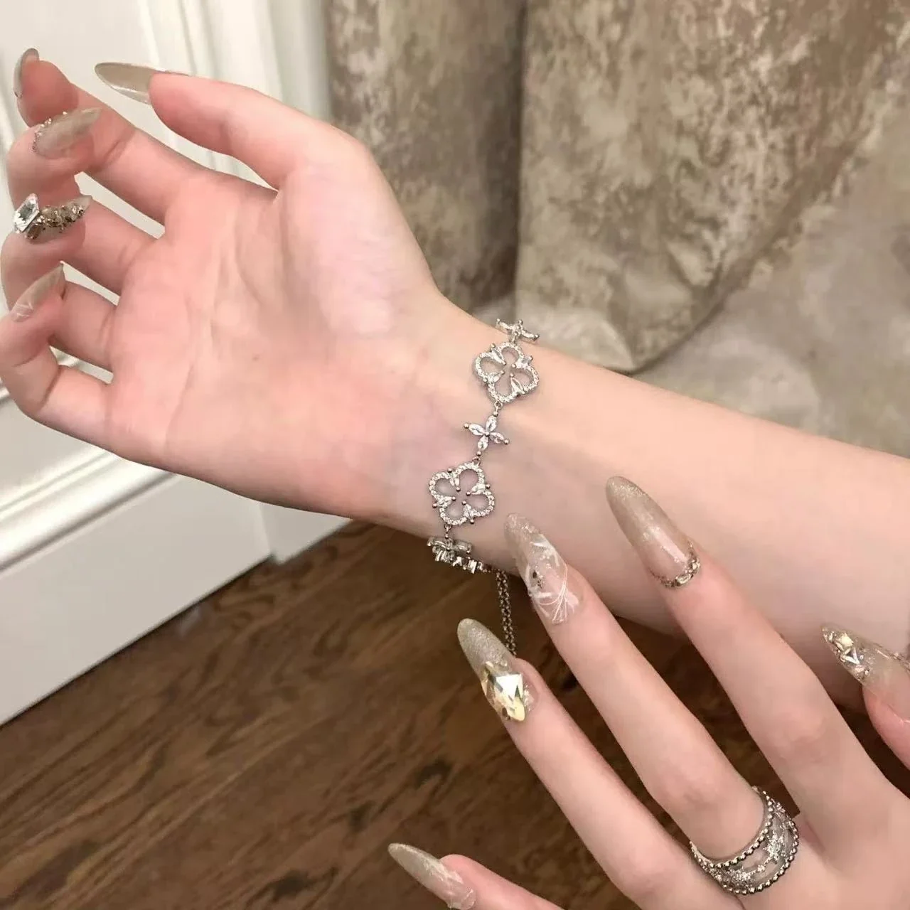 Delicate Silver-Plated Clover Pavé Copper Bracelet
