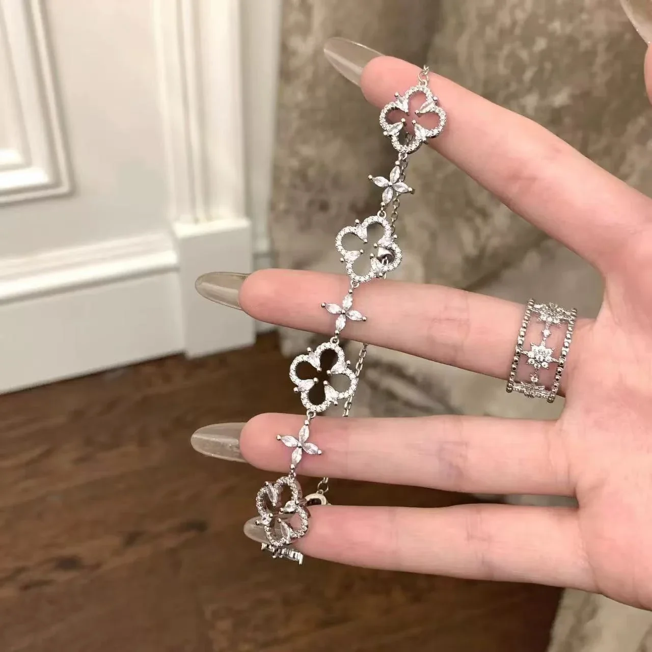 Delicate Silver-Plated Clover Pavé Copper Bracelet