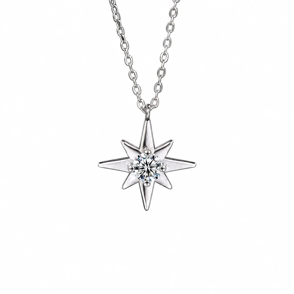 Eight-Point Star 925 Sterling Silver Round Moissanite Necklace