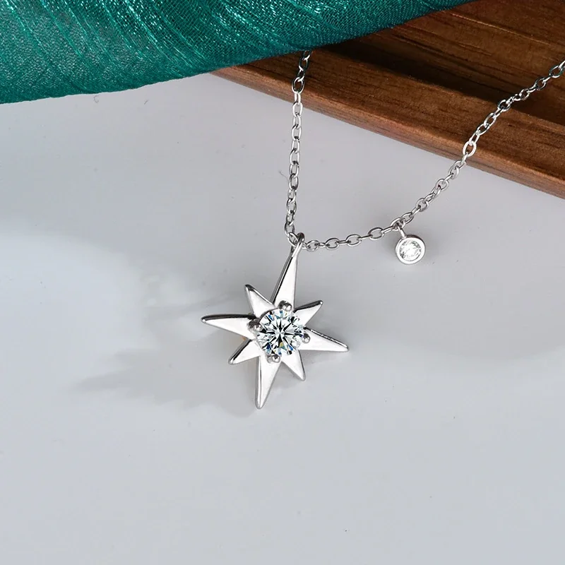Eight-Point Star 925 Sterling Silver Round Moissanite Necklace