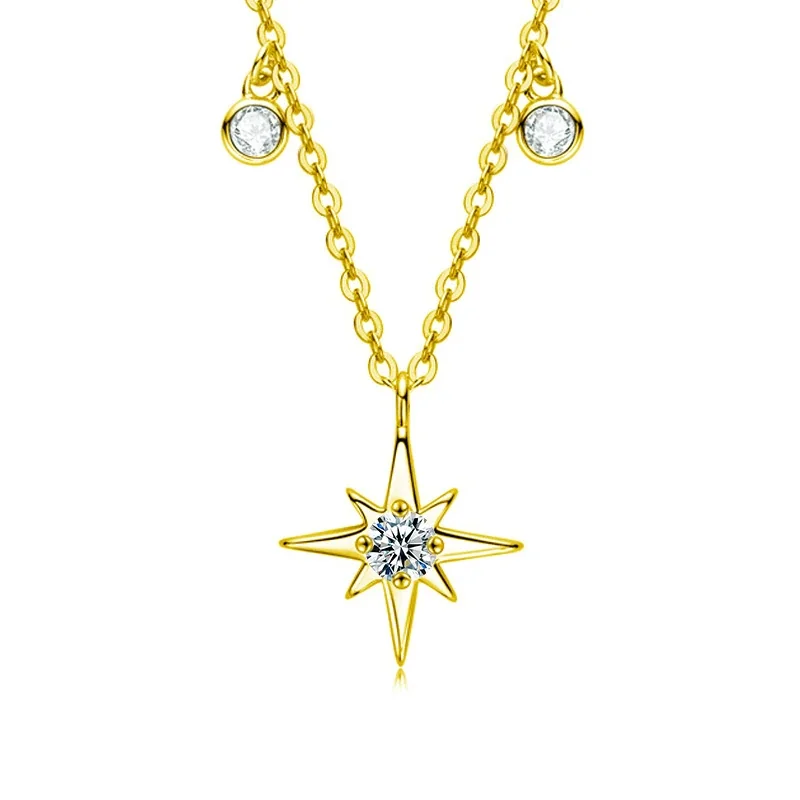 Eight-Point Star 925 Sterling Silver Round Moissanite Necklace - Gold