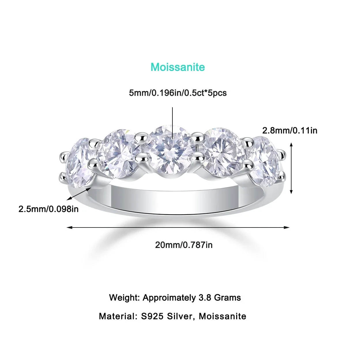 Five-Stone Round Prong-Set 925 Sterling Silver Ring