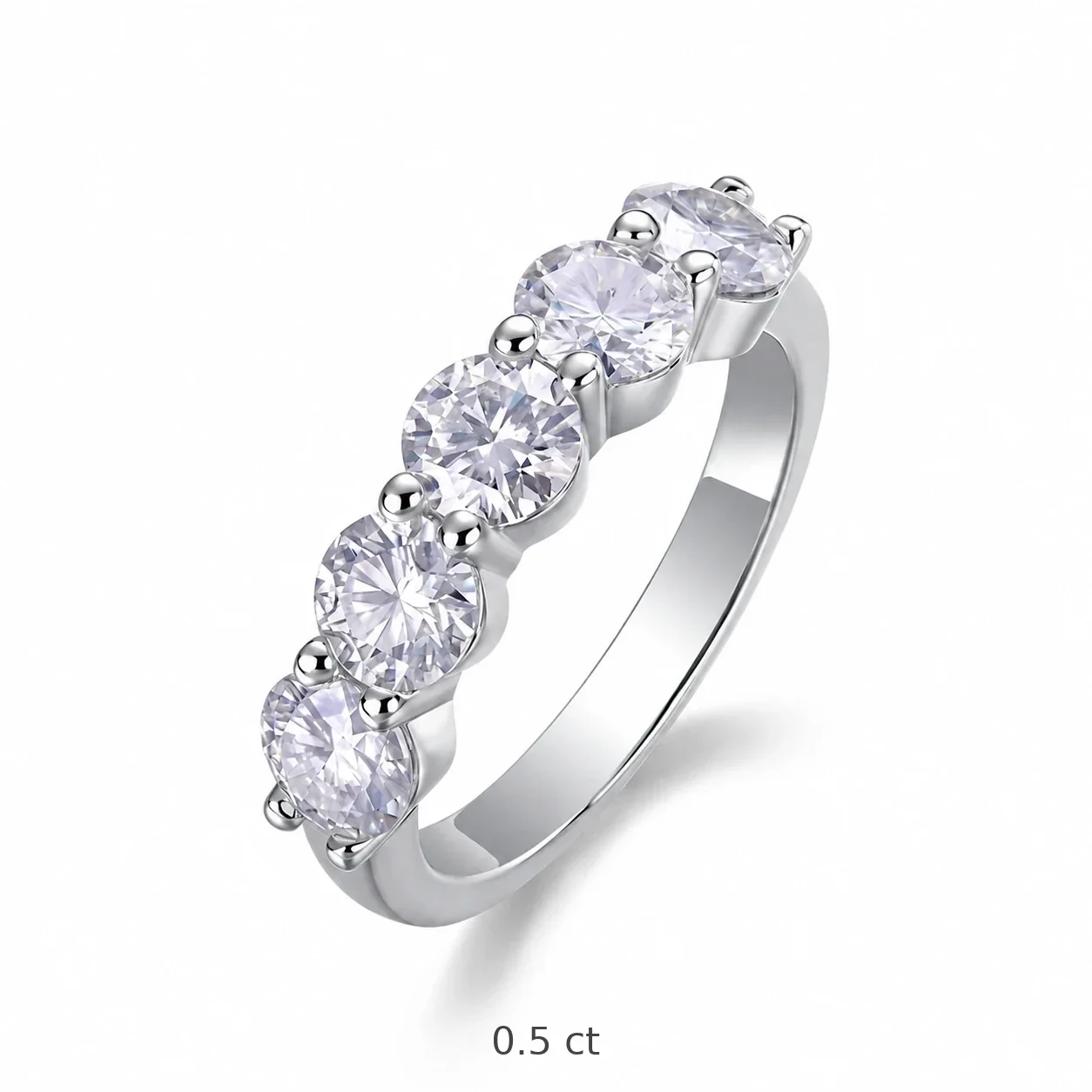 Five-Stone Round Prong-Set 925 Sterling Silver Ring - 0.5 ct Moissanite with Documentation
