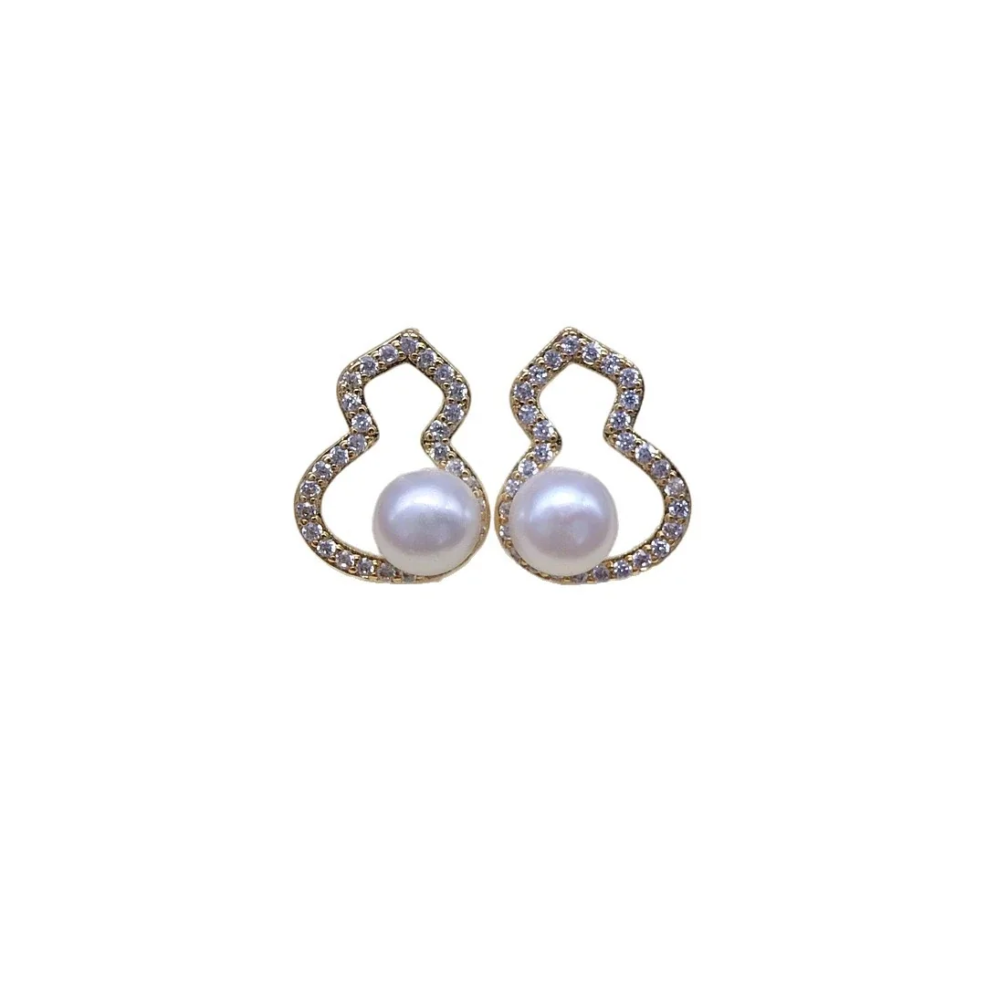 Ornate Gourd Outline Freshwater Pearl Pave Stud Earrings
