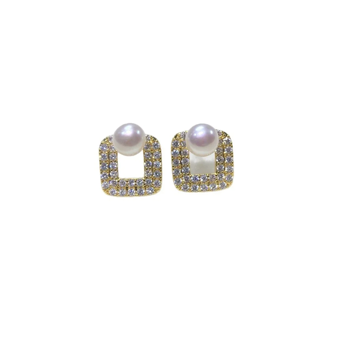 Radiant Pavé Square Frame Freshwater Pearl Stud Earrings