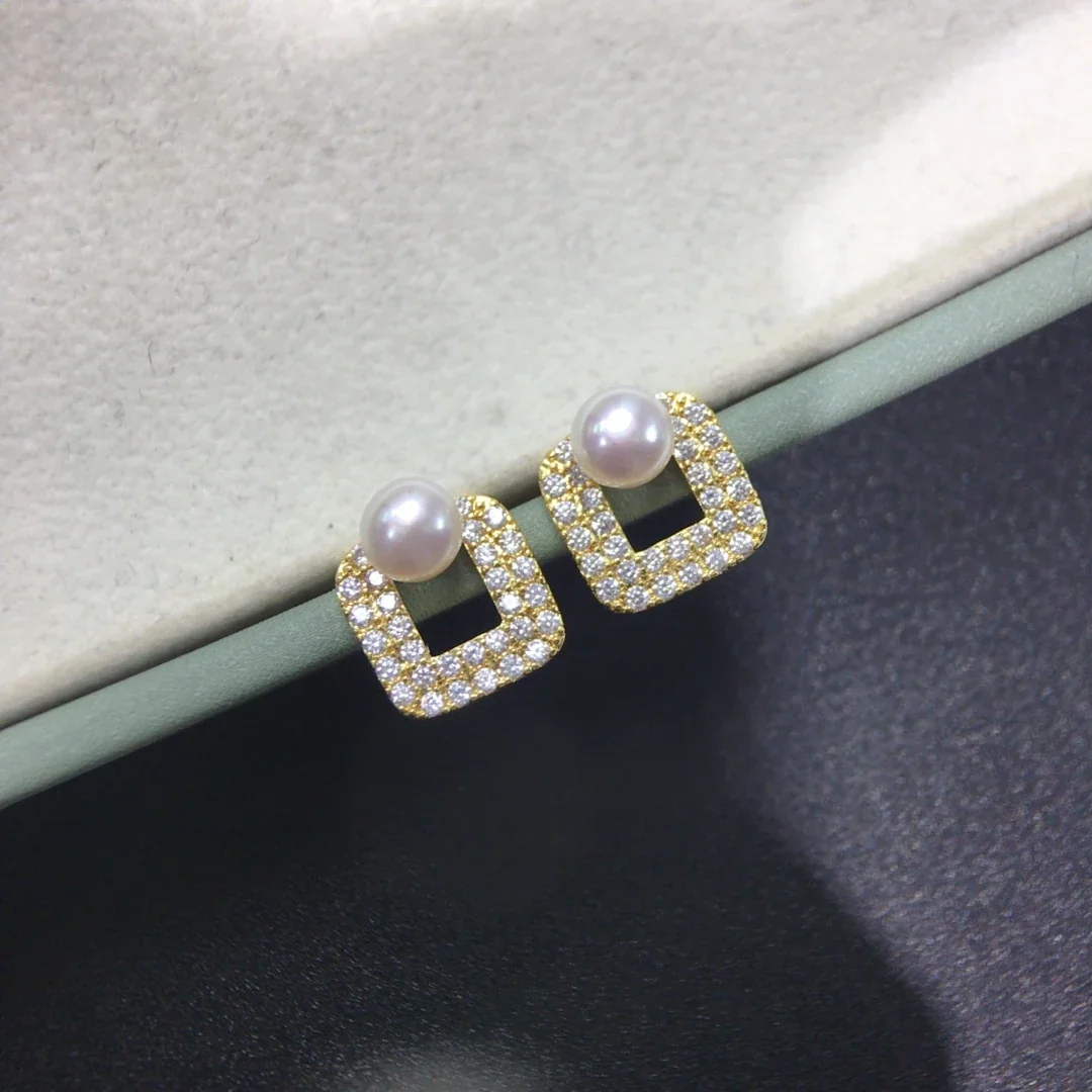 Radiant Pavé Square Frame Freshwater Pearl Stud Earrings