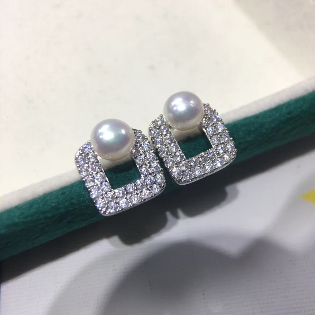 Radiant Pavé Square Frame Freshwater Pearl Stud Earrings