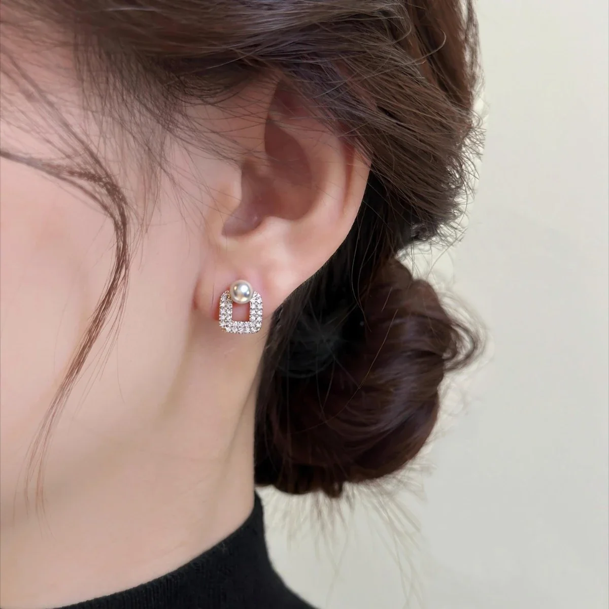 Radiant Pavé Square Frame Freshwater Pearl Stud Earrings
