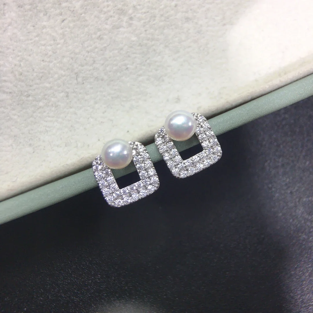 Radiant Pavé Square Frame Freshwater Pearl Stud Earrings - Silver