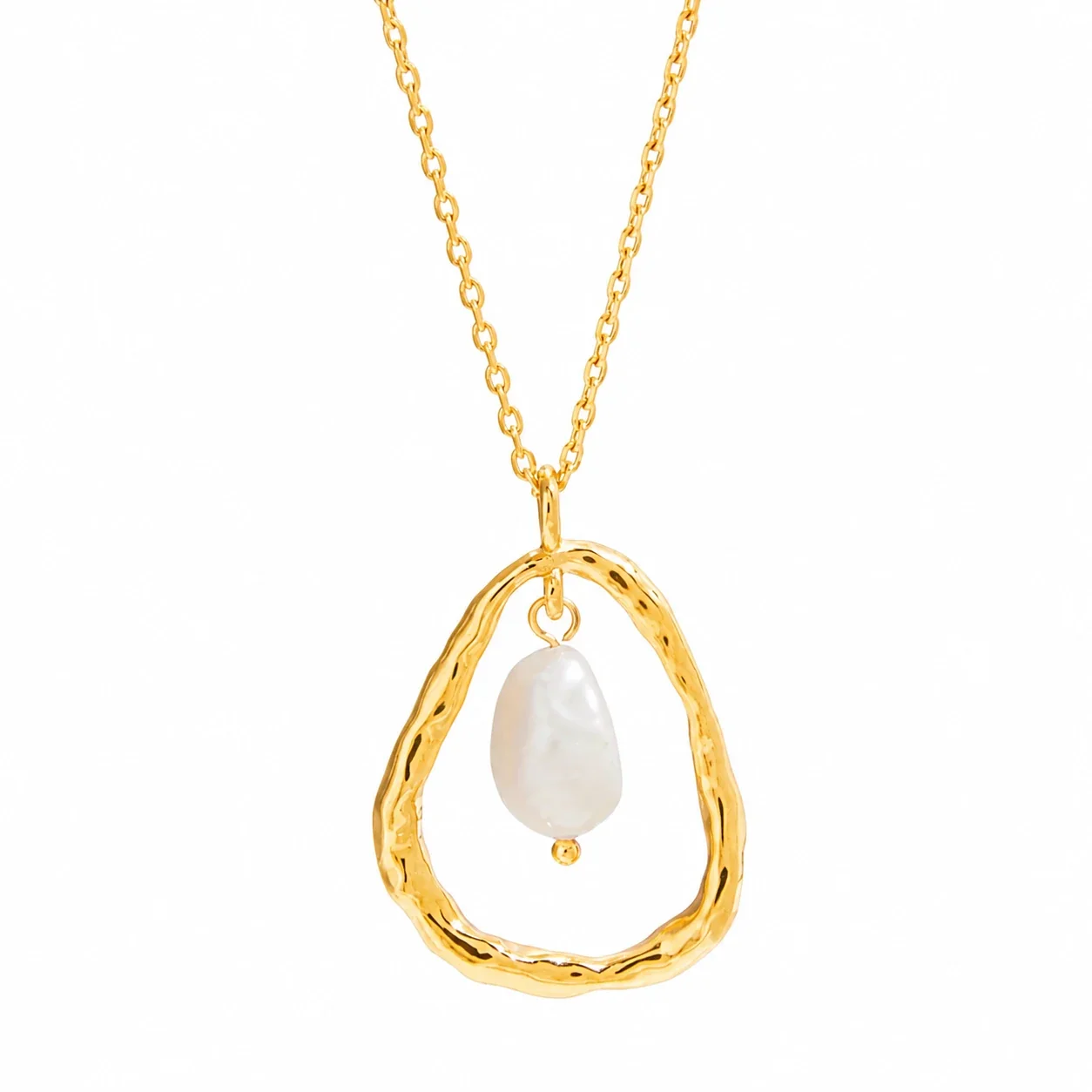 Organic Stainless Steel Hammered Oval Freshwater Pearl Necklace