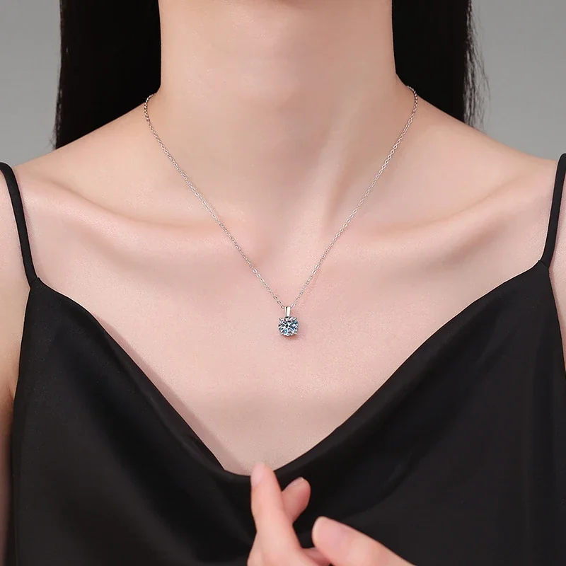 Luminous Round Moissanite Four-Prong 925 Sterling Silver Necklace