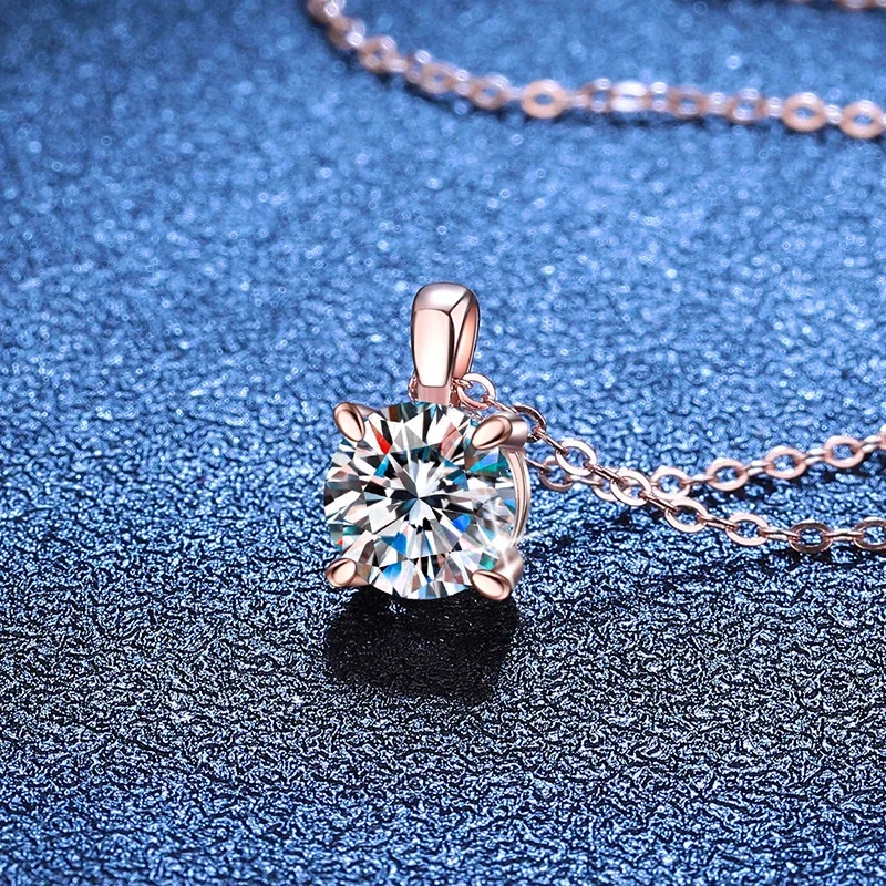 Luminous Round Moissanite Four-Prong 925 Sterling Silver Necklace - Rose Gold