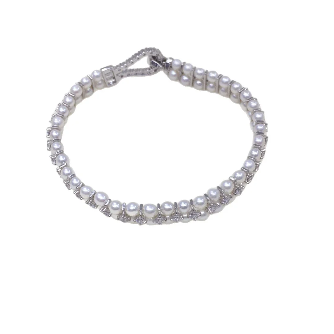 Refined Silver-Plated Double-Row Pearl CZ Bracelet