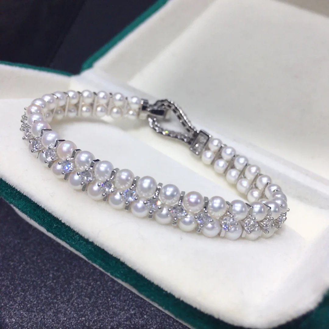 Refined Silver-Plated Double-Row Pearl CZ Bracelet