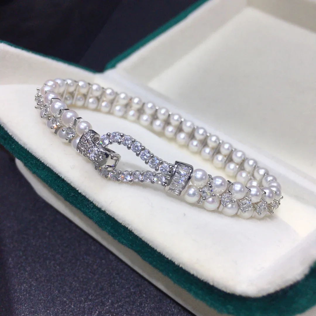Refined Silver-Plated Double-Row Pearl CZ Bracelet