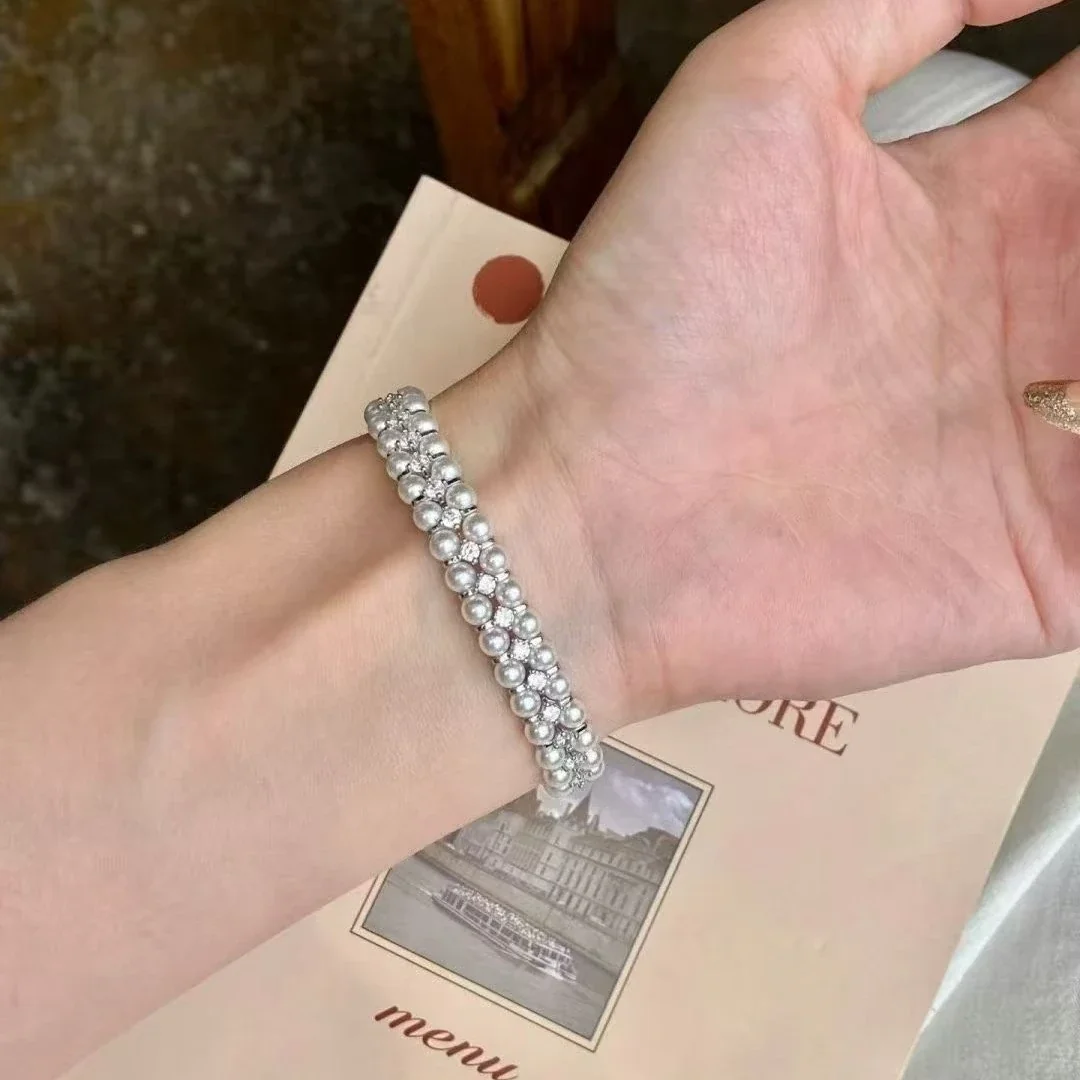 Refined Silver-Plated Double-Row Pearl CZ Bracelet