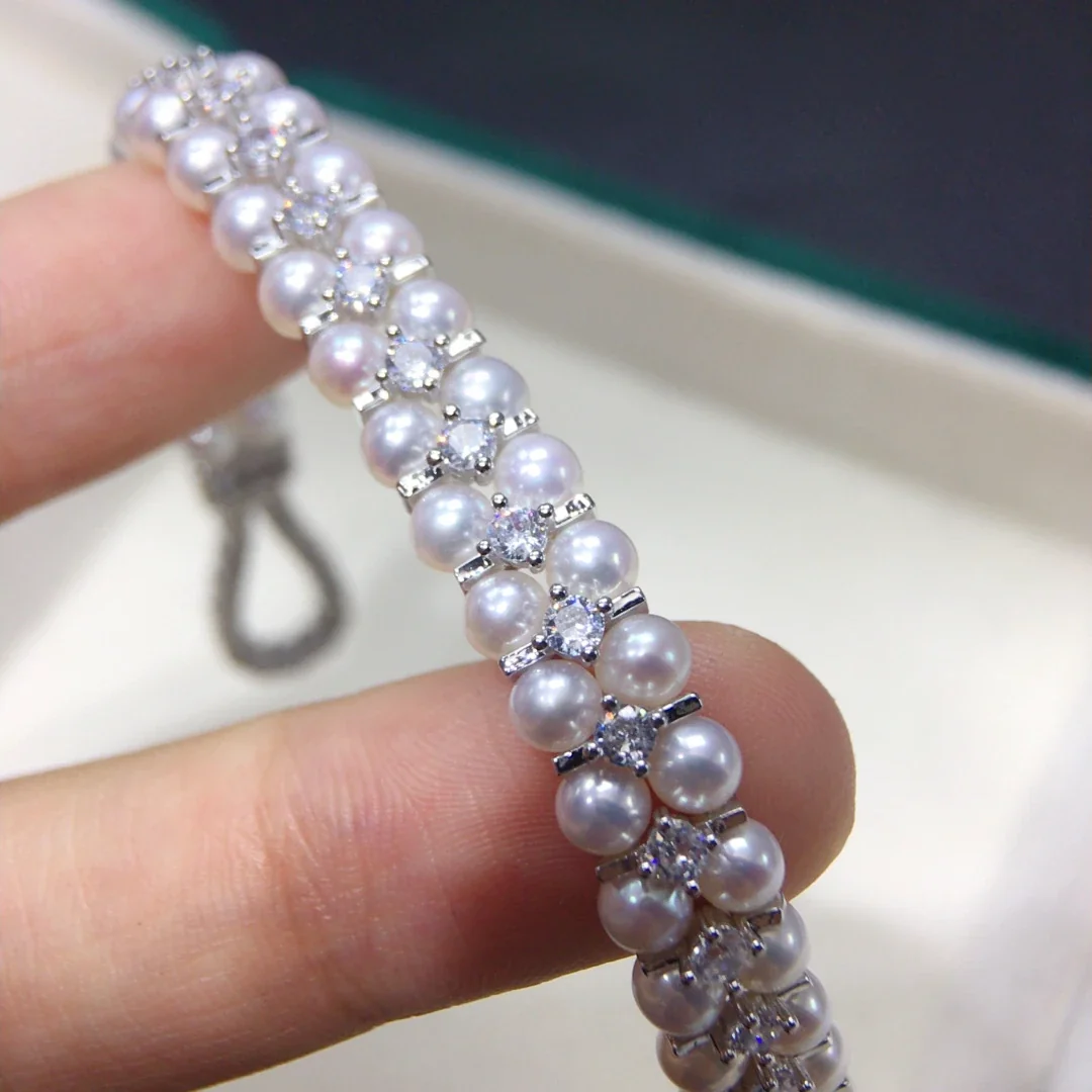 Refined Silver-Plated Double-Row Pearl CZ Bracelet